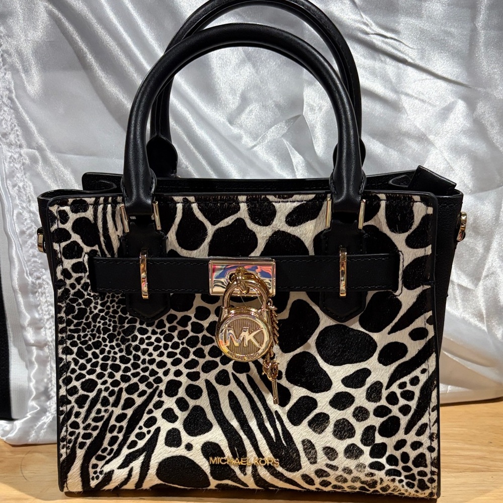 Michael Kors Black and cream calf hair animal print satchel